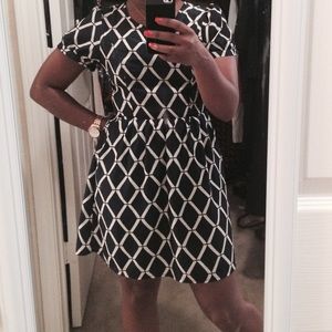Navy and Creme Patterned Dress with Capped Sleeve
